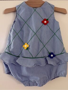 Florence Eiseman Blue & White Striped Floral Appliqué Romper